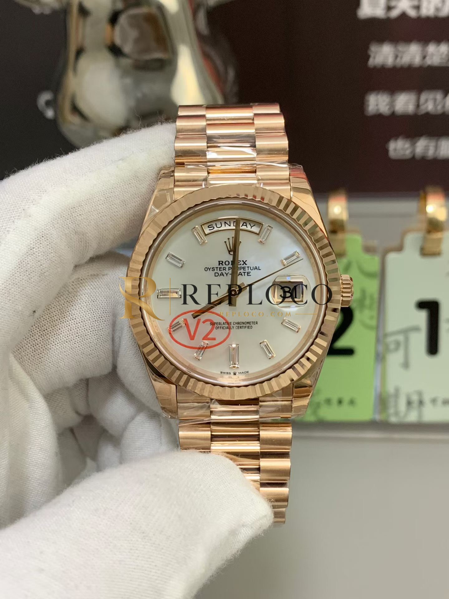 VS 공장 V2 롤렉스 데이데이트 40mm 228235 에버로즈 골드 화이트 바게트 다이아몬드 다이얼 플루티드 베젤 프레지던트 브레이슬릿 1:1 슈퍼클론 DD3255 무브먼트