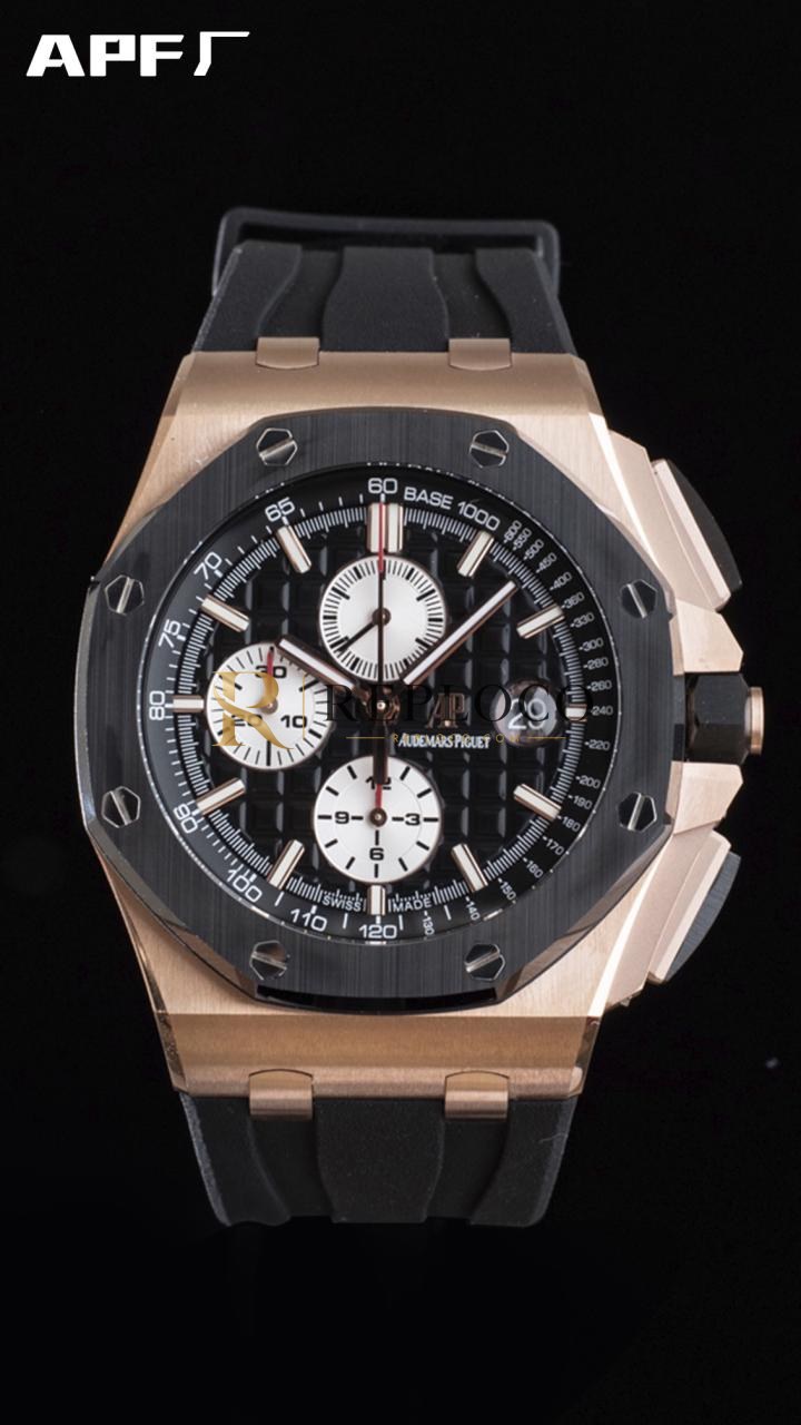 에이피 로열 오크 오프쇼어 44mm 26401RO.OO.A002CA.01 로즈골드 세라믹 베젤 APF 1:1 베스트 에디션 블랙/화이트 다이얼 러버 스트랩 A3126