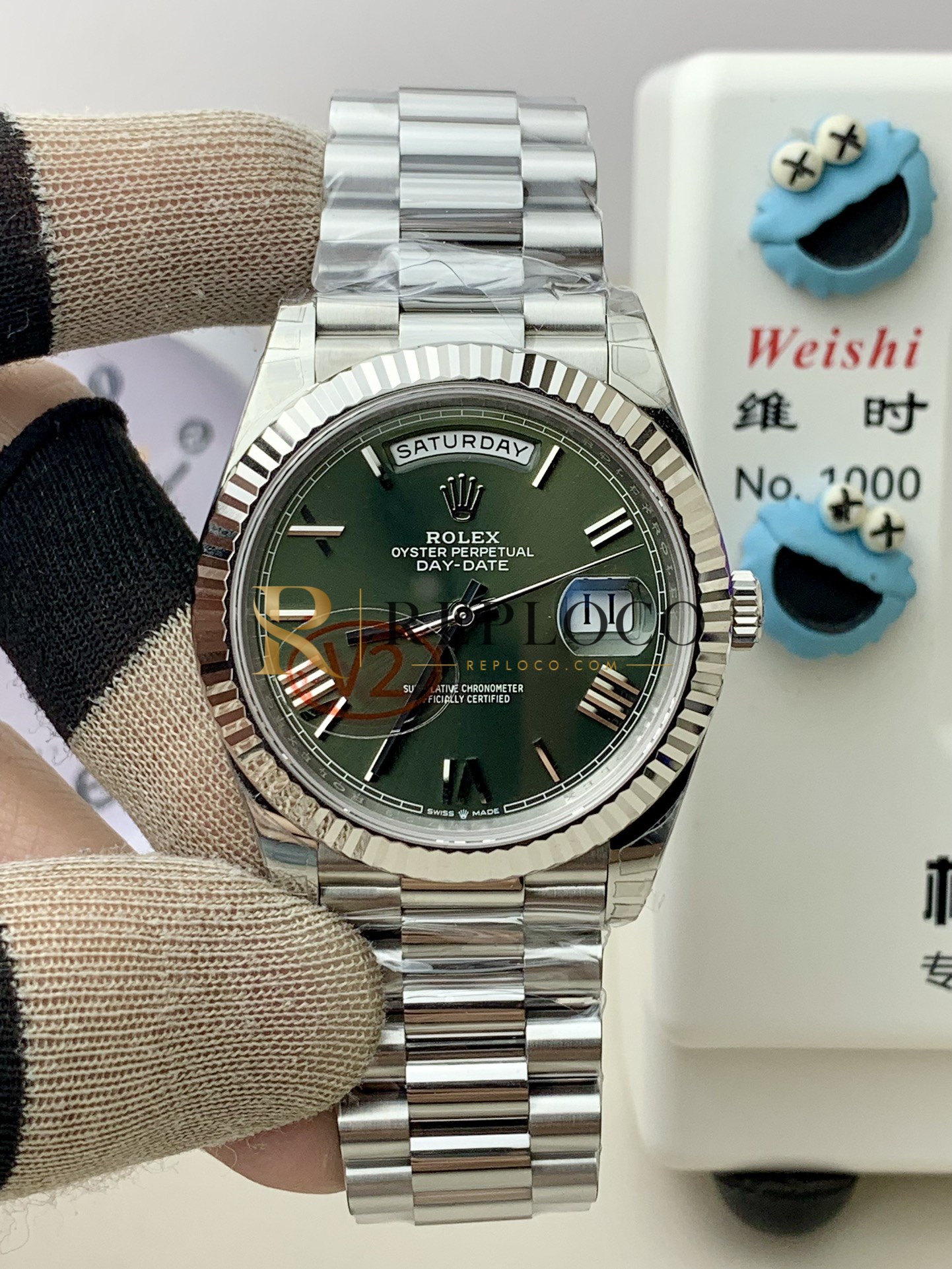 VS 공장 V2 롤렉스 데이데이트 40mm 228239 화이트 골드 스타일 올리브 그린 선버스트 로만 다이얼 플루티드 베젤 프레지던트 브레이슬릿 1:1 슈퍼클론 DD3255 무브먼트