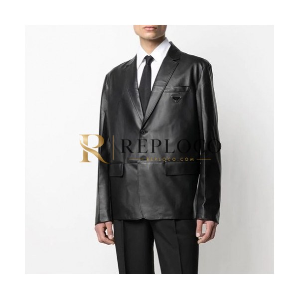 ✨Prada Mens Logo Casual Leather Jacket Black - 프라다 2021 남성 로고 캐쥬얼 가죽 자켓 Pra02492x Size(m - 3xl) 블랙
