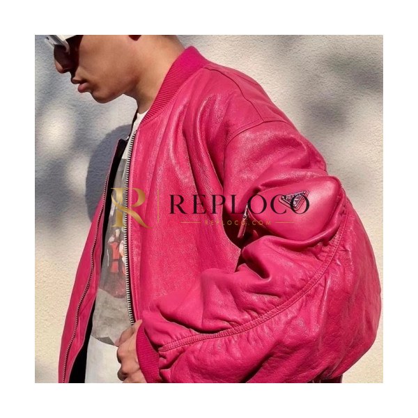 ✨Prada Mens Logo Casual Leather Jacket Pink - 프라다 2021 남성 로고 캐쥬얼 가죽 자켓 Pra02410x Size(m - 2xl) 핑크