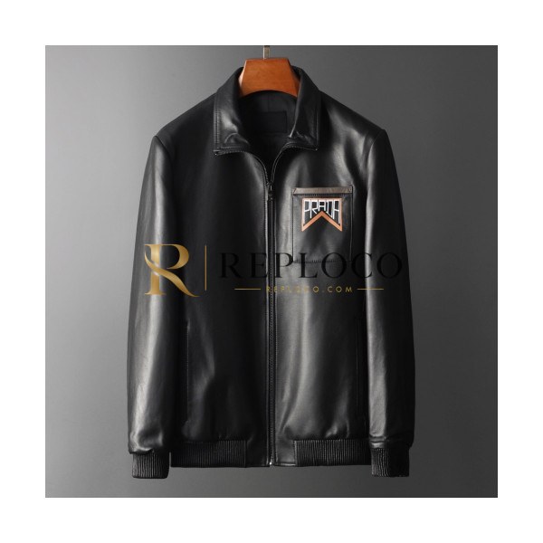 ✨Prada 2019 Mens Logo Casual Leather Jacket - 프라다 2019 남성 로고 캐쥬얼 가죽 자켓 Pra0754x.Size(m - 3xl).블랙