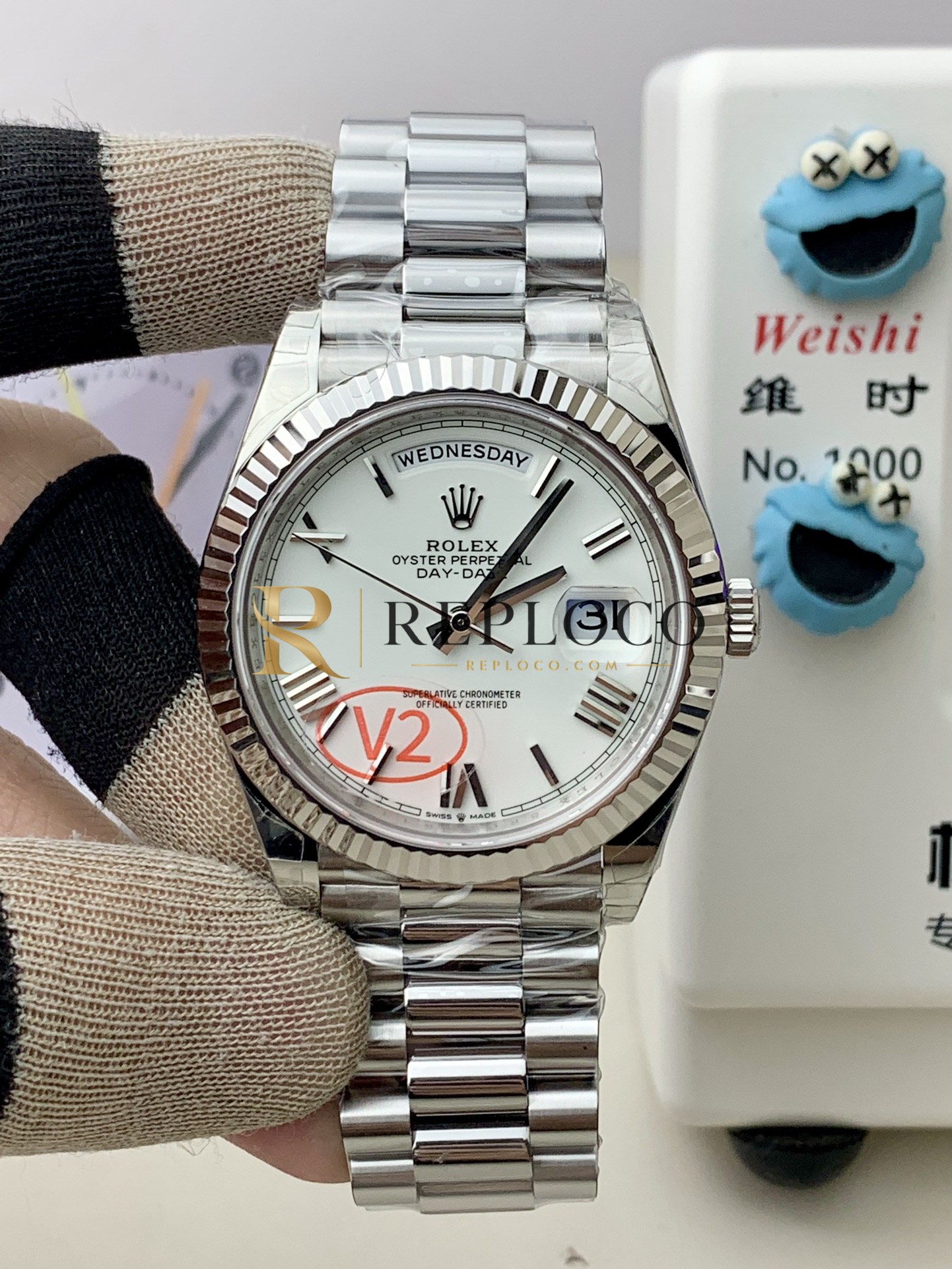 VS 공장 V2 롤렉스 데이데이트 40mm 228239 화이트 골드 스타일 화이트 로만 다이얼 플루티드 베젤 프레지던트 브레이슬릿 1:1 슈퍼클론 DD3255 무브먼트