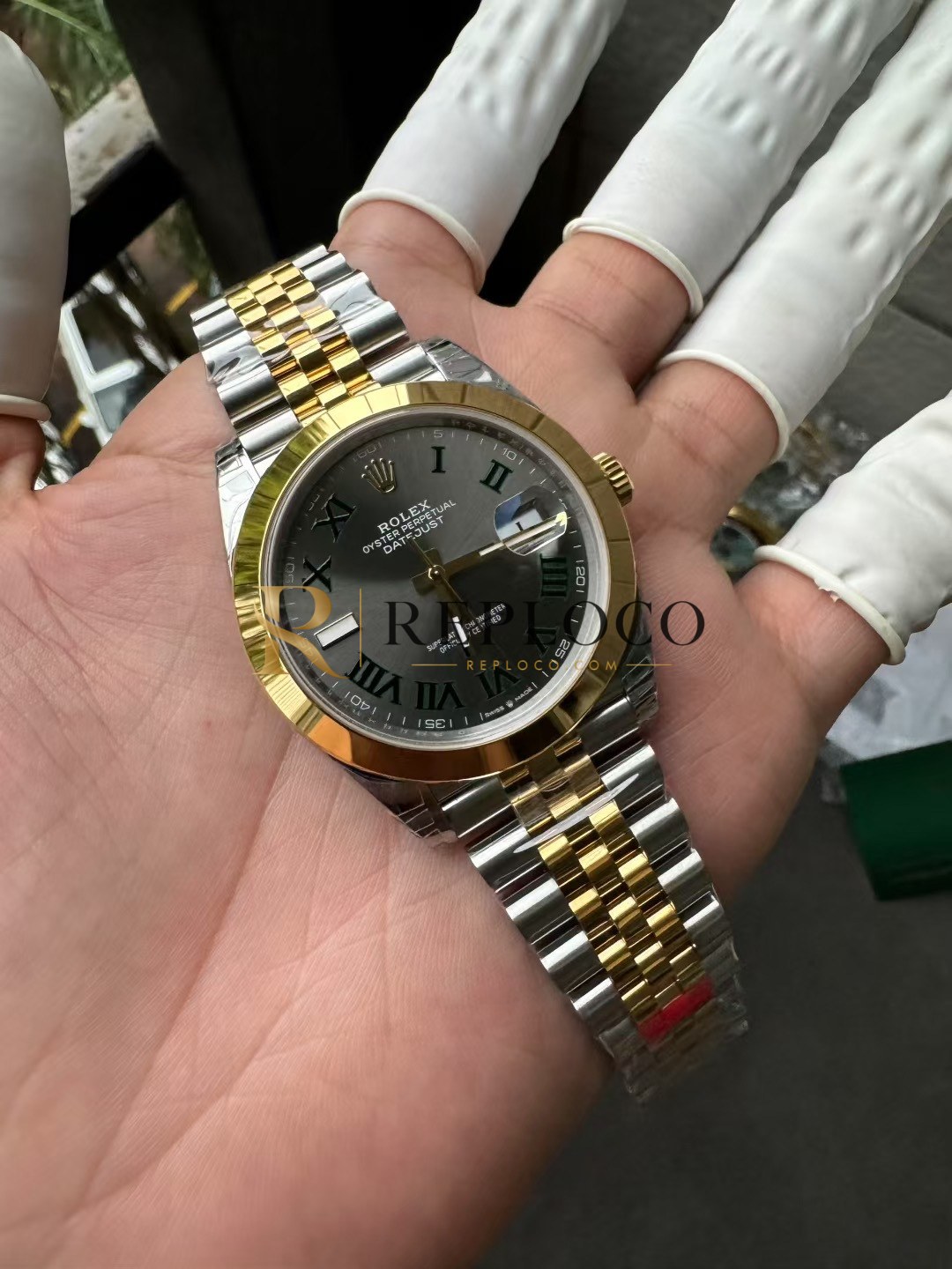 VS 공장 롤렉스 데이트저스트 41mm 126303 투톤 옐로우 골드 슬레이트 그레이 “윔블던” 다이얼 스무스 베젤 쥬빌리 브레이슬릿 1:1 슈퍼클론 DD3235 무브먼트 - 이미지 3
