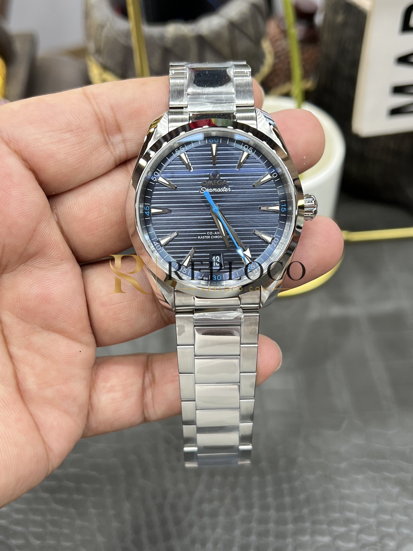VS 공장 오메가 씨마스터 아쿠아 테라 150M 41mm 블루-그레이 티크 다이얼 부드러운 베젤 오이스터 브레이슬릿 (220.10.41.21.03.002) 1:1 슈퍼클론 단동 DD8900 무브먼트