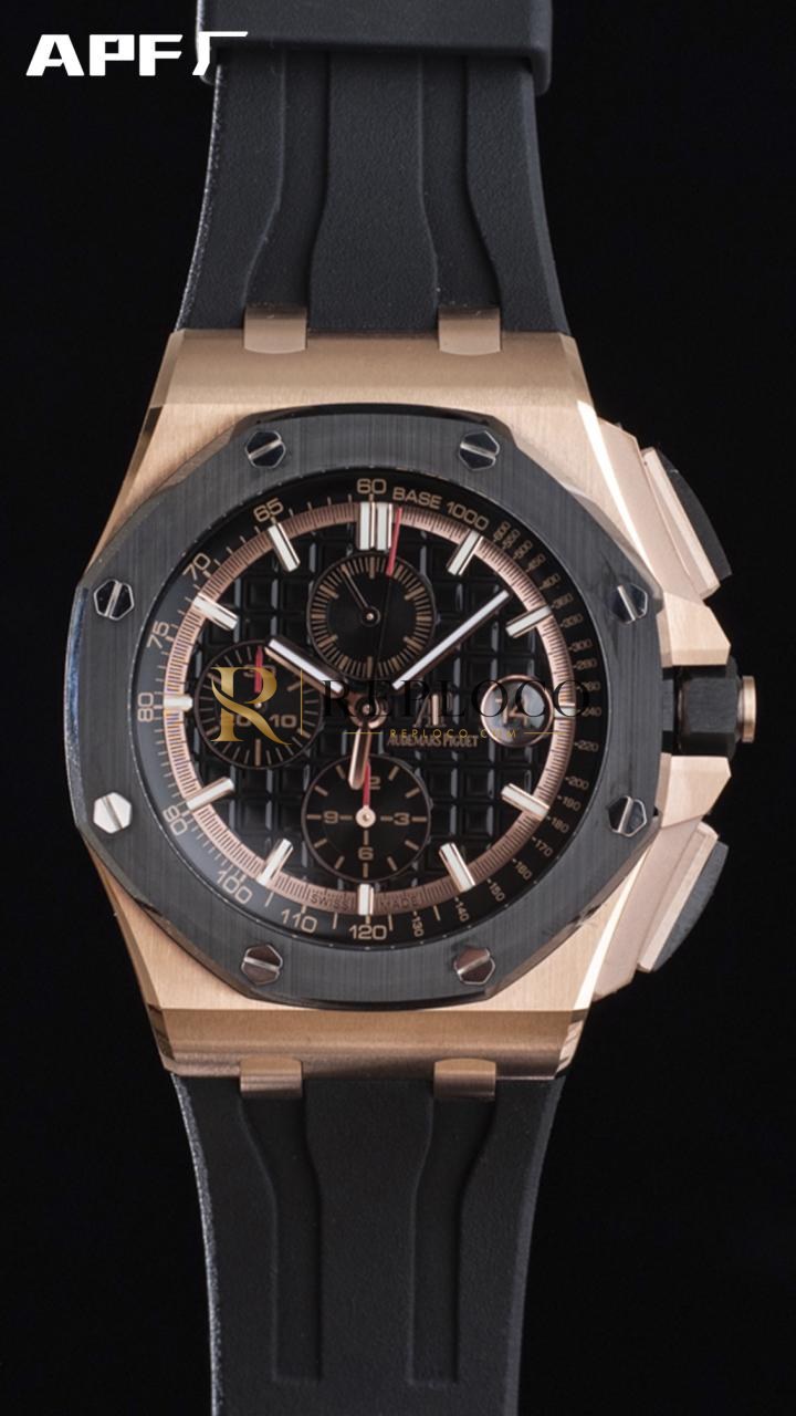 오데마 피게 로열 오크 오프쇼어 44mm 26401RO.OO.A002CA.02 로즈골드 세라믹 베젤 APF 1:1 베스트 에디션 블랙 다이얼 러버 스트랩 A3126