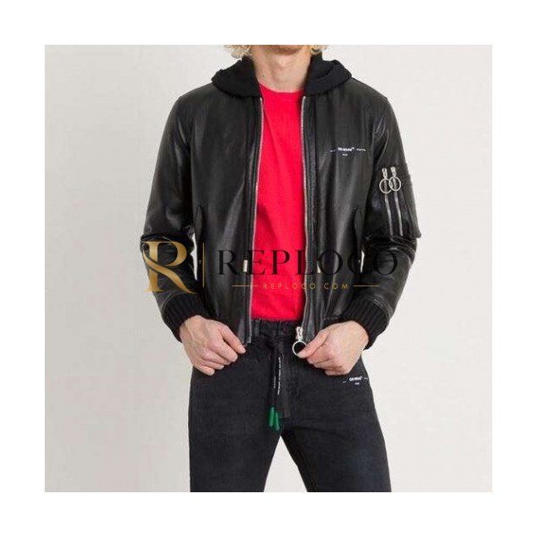 ✨Off-white 2019 Mens Logo Leather Jacket - 오프화이트 2019 남성 로고 레더 자켓 Off0194x.Size(m - 3xl).블랙