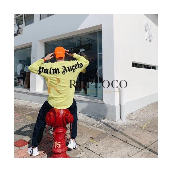 ✨Palm Angels 2019 Mens Logo Cotton Hood Long Tshirt - 팜 엔젤스 남성 로고 코튼 긴팔티셔츠 Palts0007.Size(s -l).옐로우
