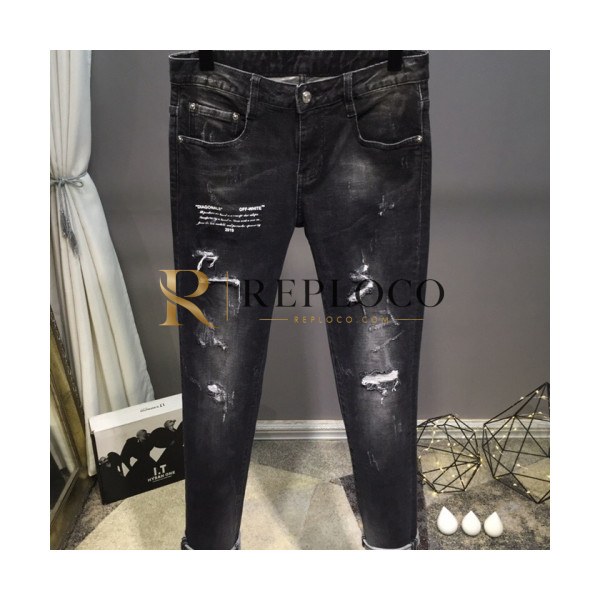 ✨Off-white 2018 Mens Embroidery Logo Denim Pants - 오프화이트 신상 남성 자수 로고 데님 팬츠 Off0055x.Size(29 - 36).블랙