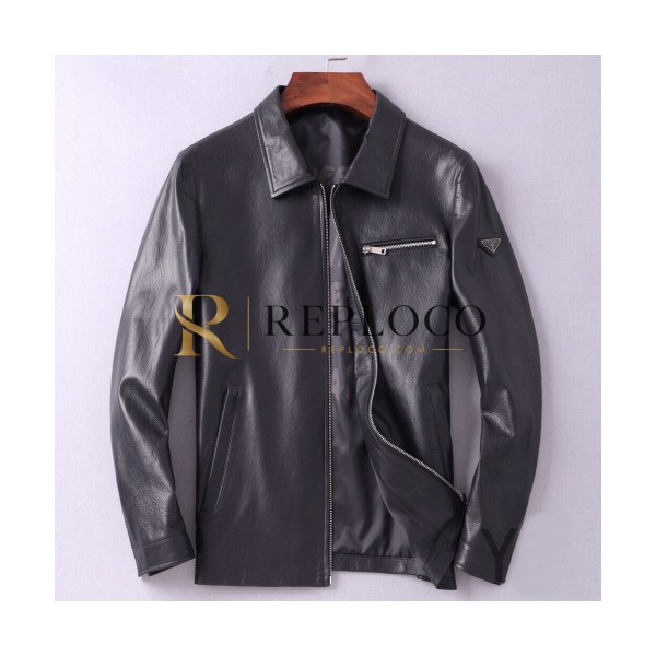 ✨Prada 2019 Mens Logo Casual Leather Jacket - 프라다 2019 남성 로고 캐쥬얼 가죽 자켓 Pra0761x.Size(m - 3xl).블랙