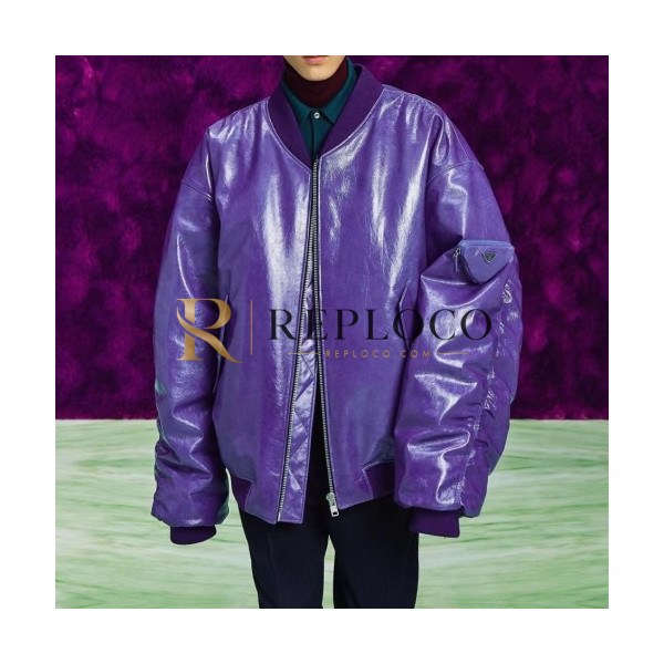 ✨Prada Mens Logo Casual Leather Jacket Purple - 프라다 2021 남성 로고 캐쥬얼 가죽 자켓 Pra02427x Size(m - 2xl) 퍼플