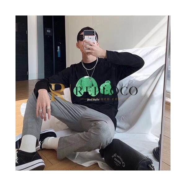 ✨Palm Angels 2019 Mens Logo Cotton Long T Shirt - 팜 엔젤스 남성 로고 코튼 긴팔 티셔츠 Palts0008.Size(s -xl).블랙