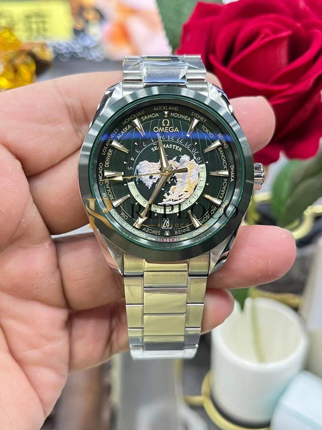 VS 공장 오메가 씨마스터 아쿠아 테라 150M GMT 월드타이머 43mm 그린 다이얼 그린 세라믹 베젤 (220.30.43.22.10.001) 1:1 슈퍼클론 단동 DD8938 무브먼트