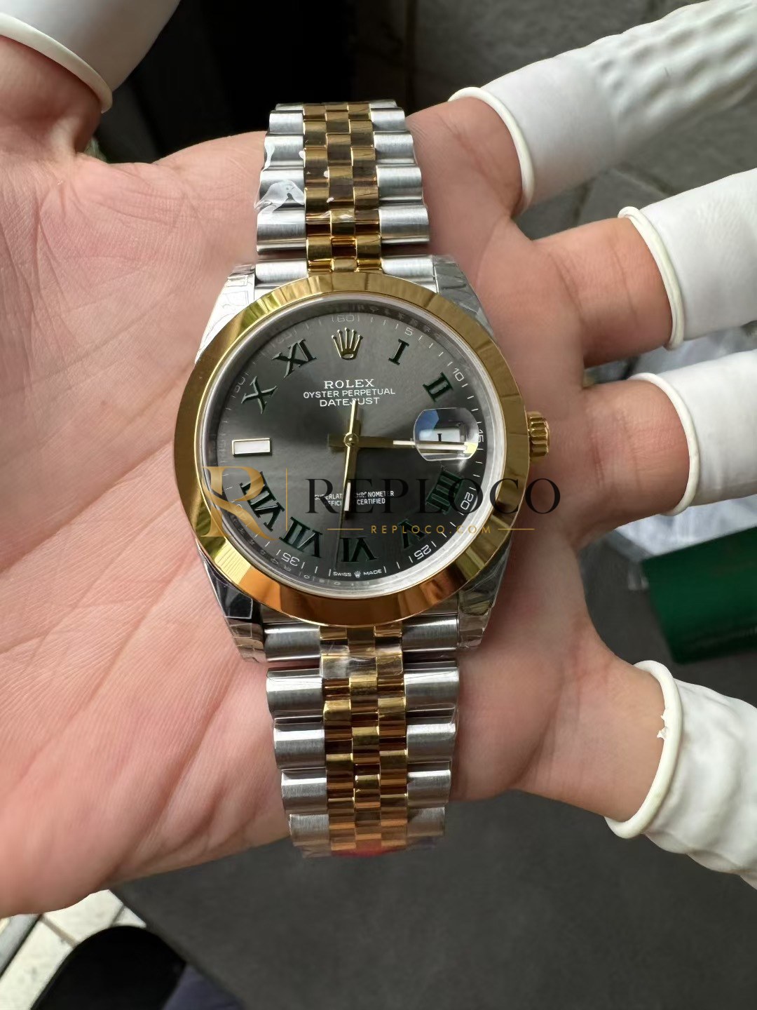 VS 공장 롤렉스 데이트저스트 41mm 126303 투톤 옐로우 골드 슬레이트 그레이 “윔블던” 다이얼 스무스 베젤 쥬빌리 브레이슬릿 1:1 슈퍼클론 DD3235 무브먼트 - 이미지 2