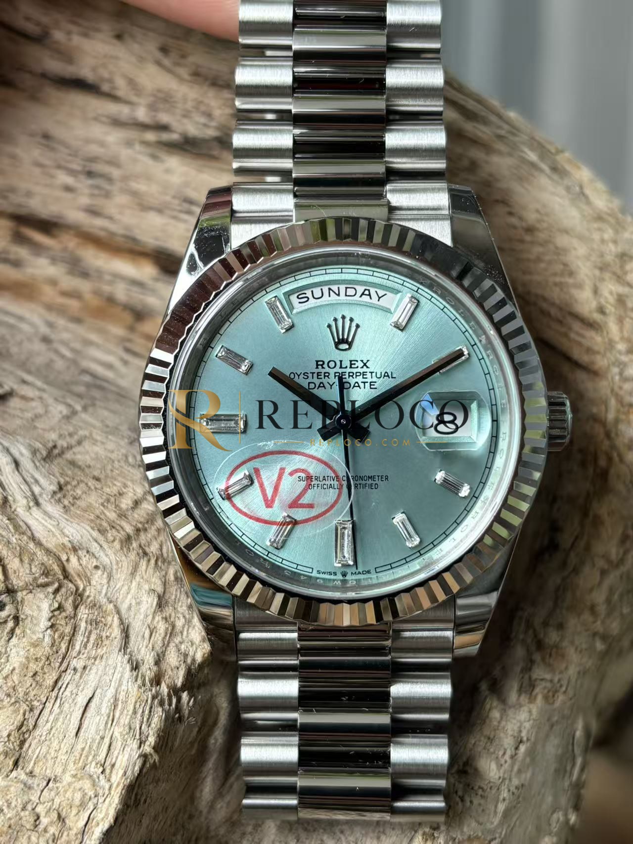 VS 공장 롤렉스 데이데이트 40mm 228236 플래티넘 스타일 아이스 블루 바게트 다이아몬드 다이얼 플루티드 베젤 프레지던트 브레이슬릿 1:1 슈퍼클론 DD3255 무브먼트