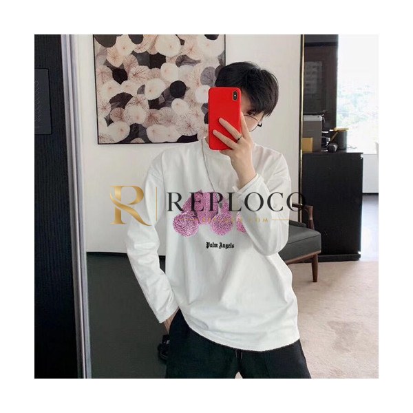✨Palm Angels 2019 Mens Logo Cotton Long T Shirt - 팜 엔젤스 남성 로고 코튼 긴팔 티셔츠 Palts0009.Size(s -xl).화이트