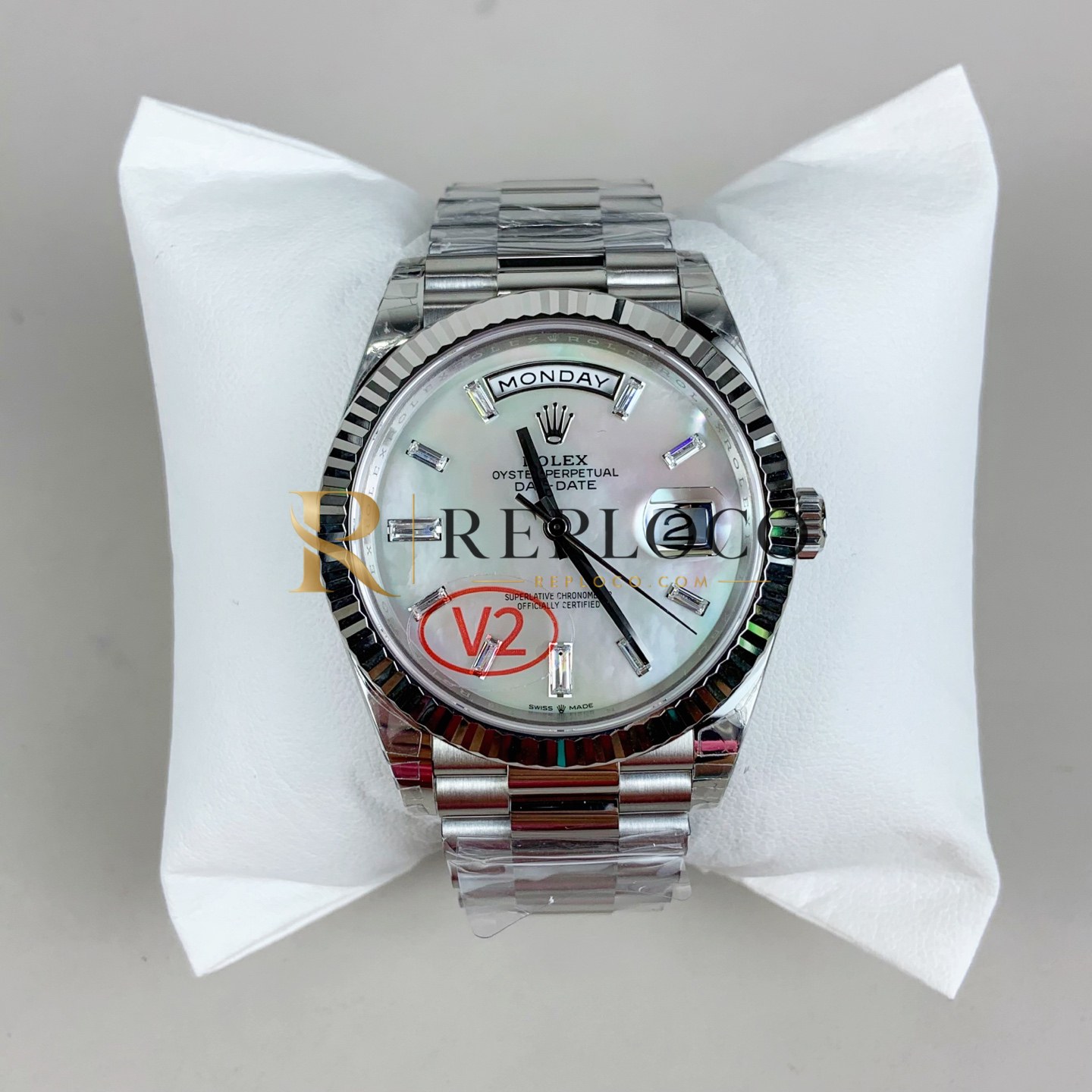 VS 공장 롤렉스 데이데이트 40mm 228236 플래티넘 스타일 화이트 자개 바게트 다이아몬드 다이얼 플루티드 베젤 프레지던트 브레이슬릿 1:1 슈퍼클론 DD3255 무브먼트