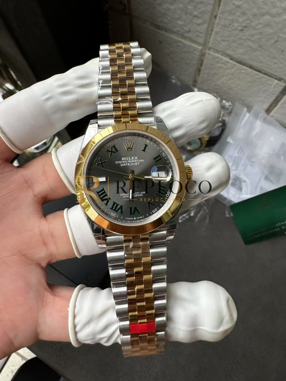 VS 공장 롤렉스 데이트저스트 41mm 126303 투톤 옐로우 골드 슬레이트 그레이 “윔블던” 다이얼 스무스 베젤 쥬빌리 브레이슬릿 1:1 슈퍼클론 DD3235 무브먼트 - 이미지 5