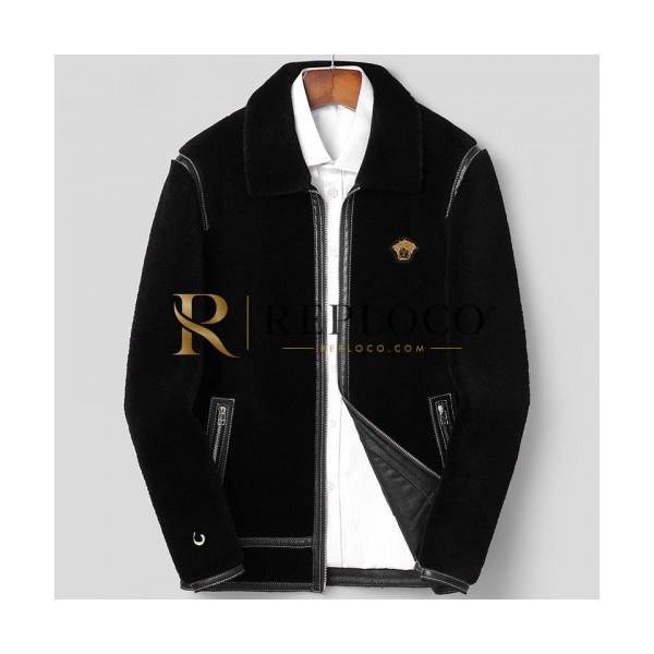 ✨Versace 2019 Mens Logo Flannel Leather Jacket- 베르사체 2019 남성 로고 플란넬 가죽 자켓 Ver0381x.Size(m - 3xl).블랙